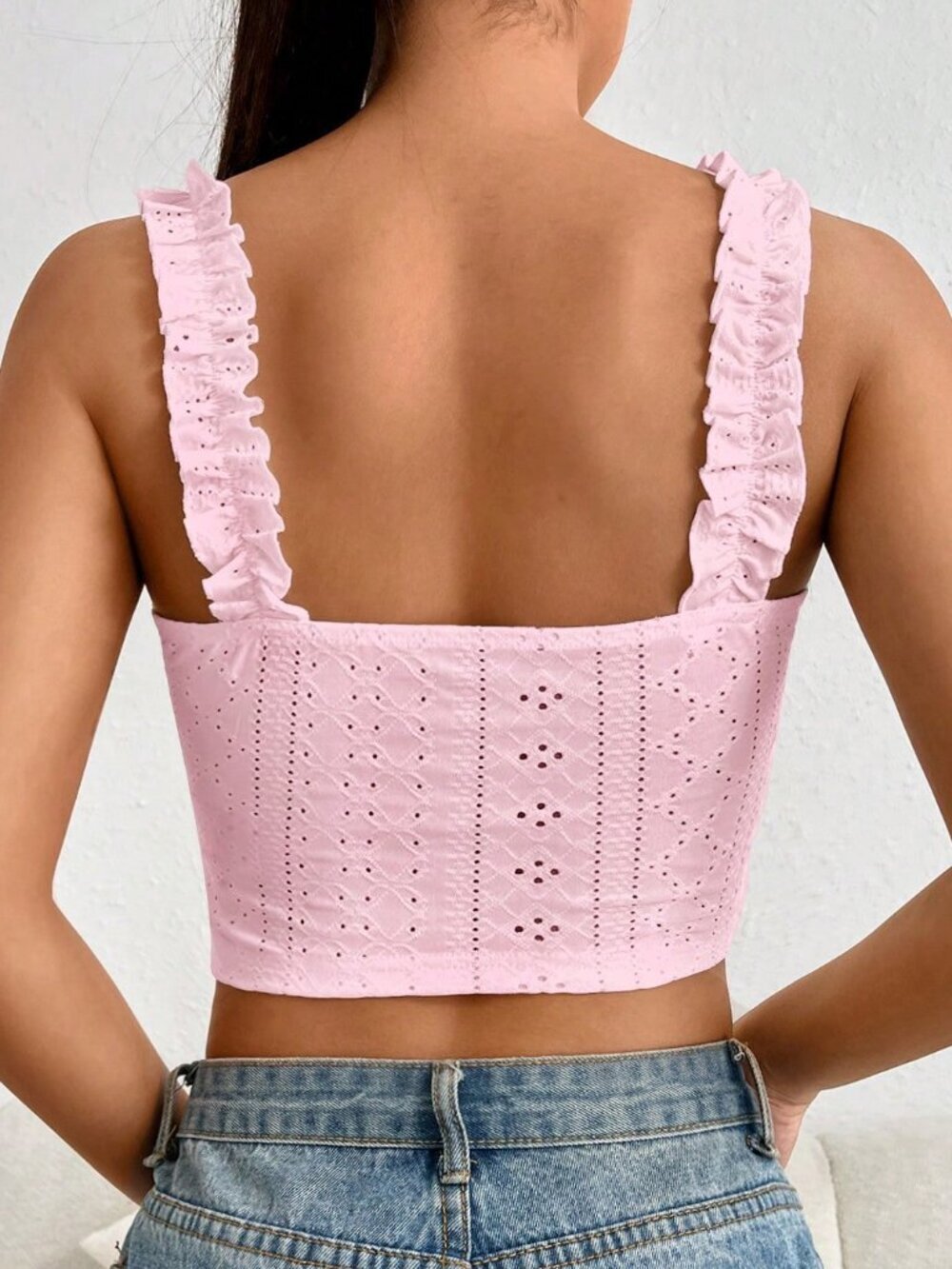 Pink Casual Women's Eyelet Embroidery Frill Trim Tie Detail Wide Strap Cami Top - Picture 2 of 4